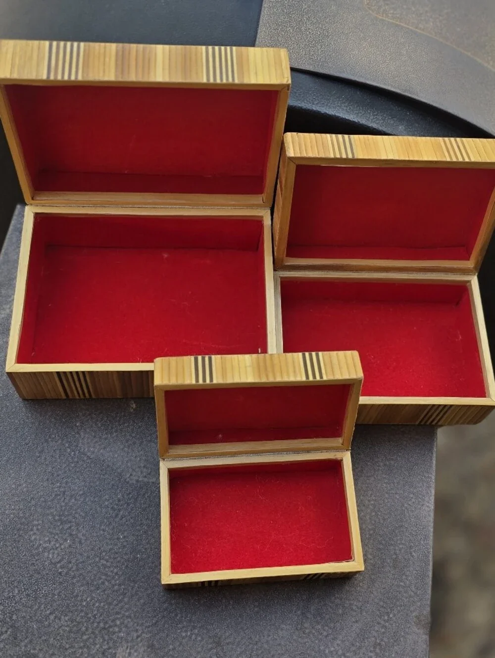 Vintage Mid-Century Modern MCM stackable nesting bamboo oyster shell pyrography
